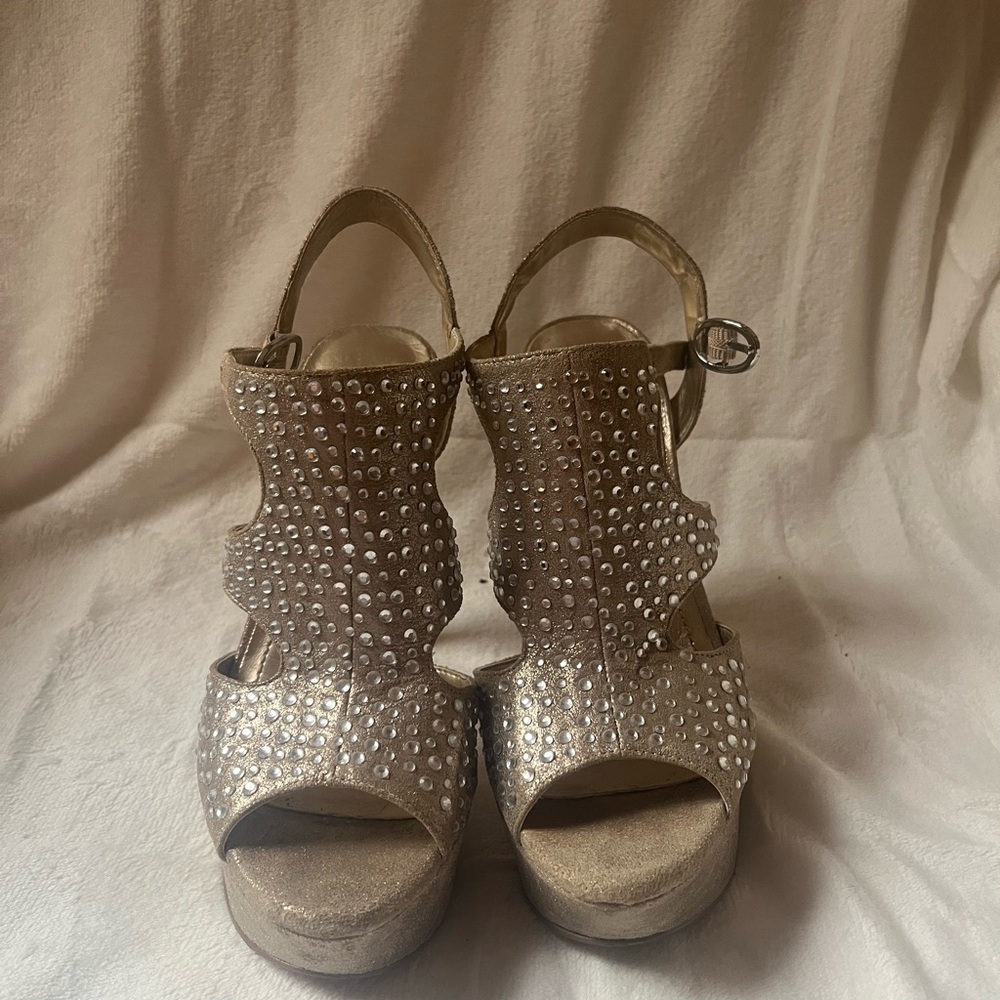 BCBGeneration Gold Heels with Ankle Strap and Open Toe
